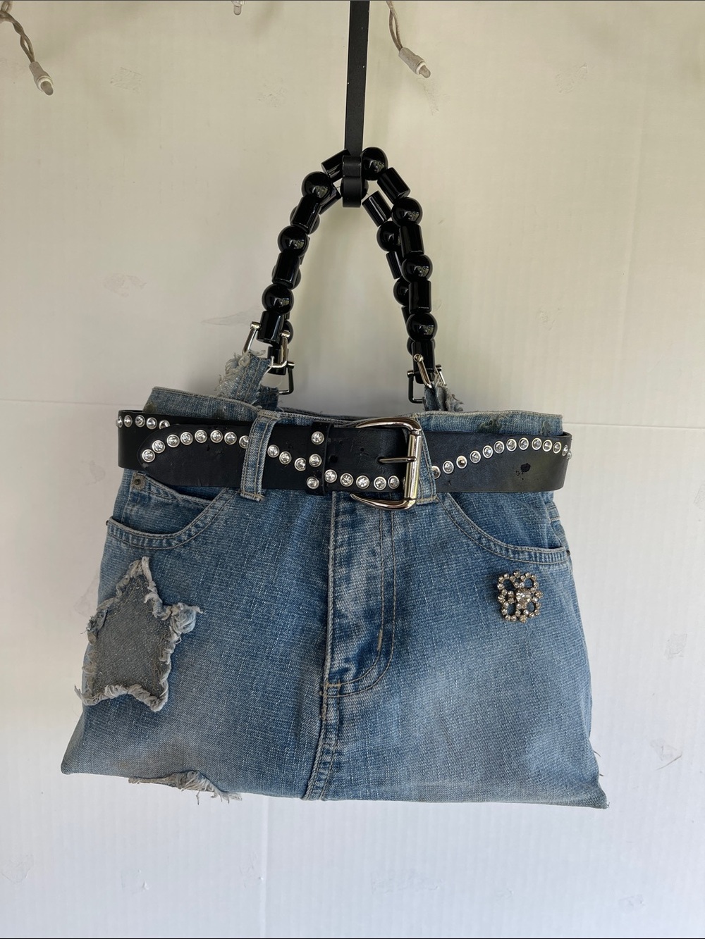 Studded Denim Tote Bag with Black Bead Handles
